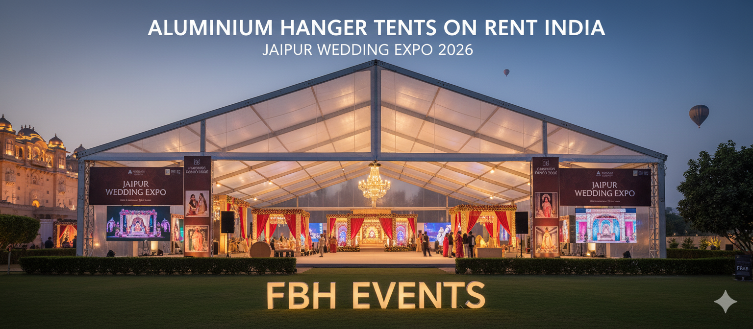 (Image Suggestion Hero image of a spacious aluminium hanger tent at a Jaipur wedding expo. Alt text Top aluminium hanger tents on rent in Jaipur for corporate events 2026.)